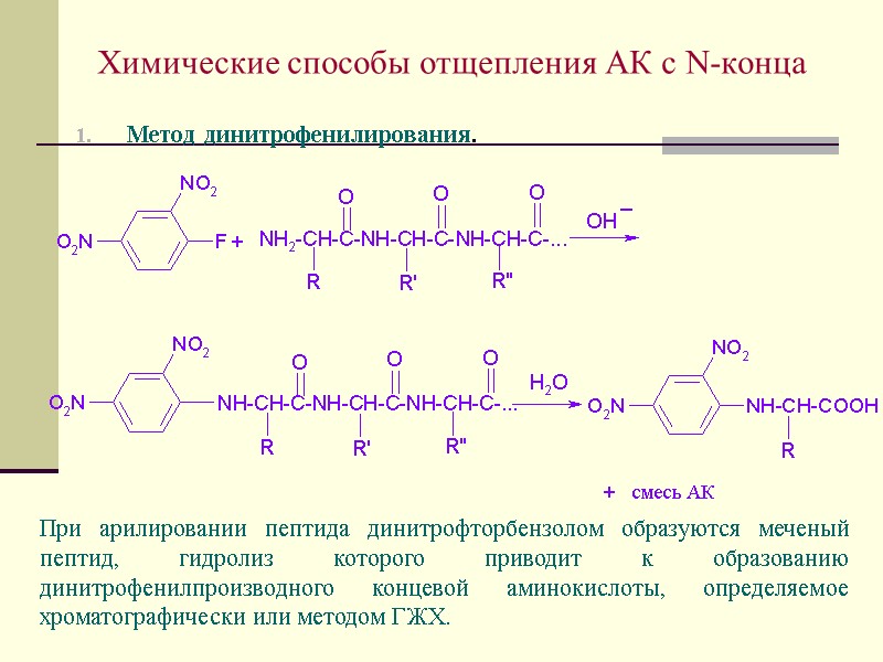 Химические способы отщепления АК с N-конца Метод динитрофенилирования.   При арилировании пептида динитрофторбензолом